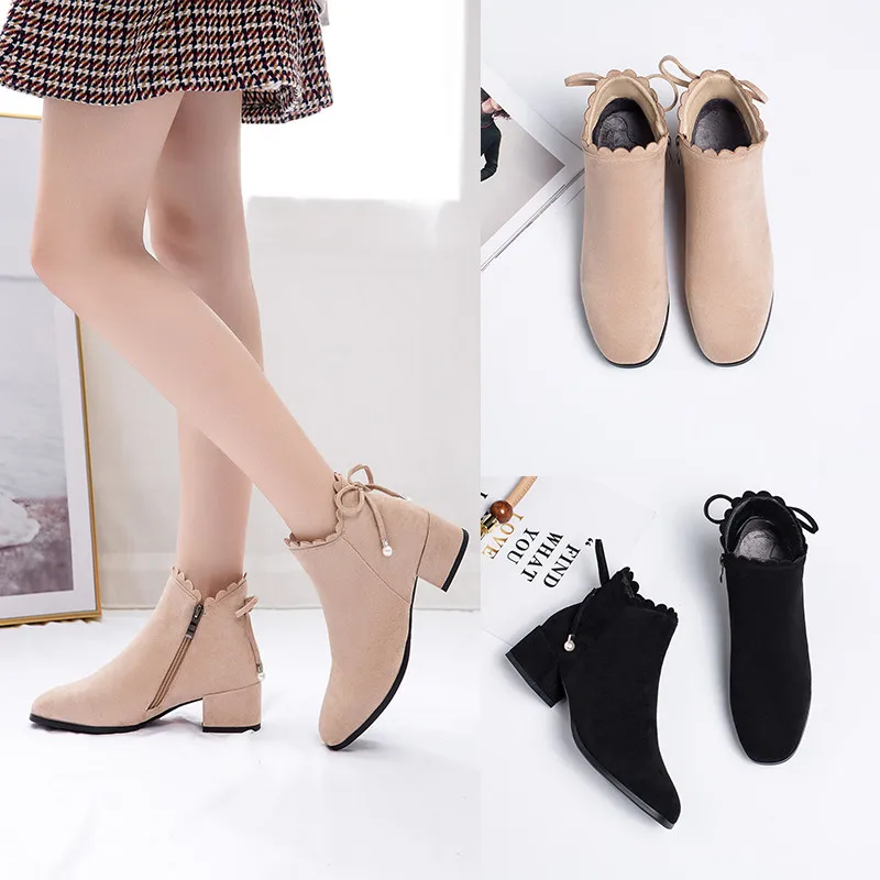 YQBTDL Black Beige Suede Winter Fashion Shoes 2020 Women Shoes Chunky Heels Bowtie Ruffles Opening Ankle Boots for Women Booties