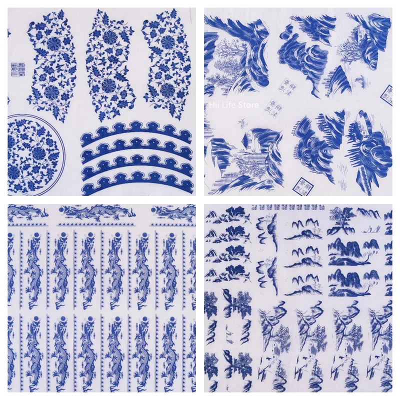 Pottery Art Clay Ceramic Underglaze Colored Transfer Flower Paper Jingdezhen Blue and White Porcelain Decals Sticker 47*35cm