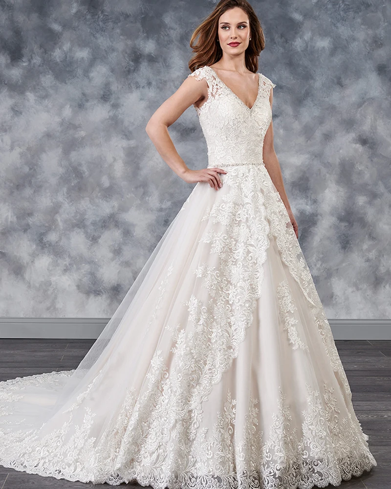 Gelinlik V-neck A-line Wedding Dresses 2019 Lace Up back Vintage Abito da Sposa Crystal Pearls Waist Suknie Slubne Bridal Gown