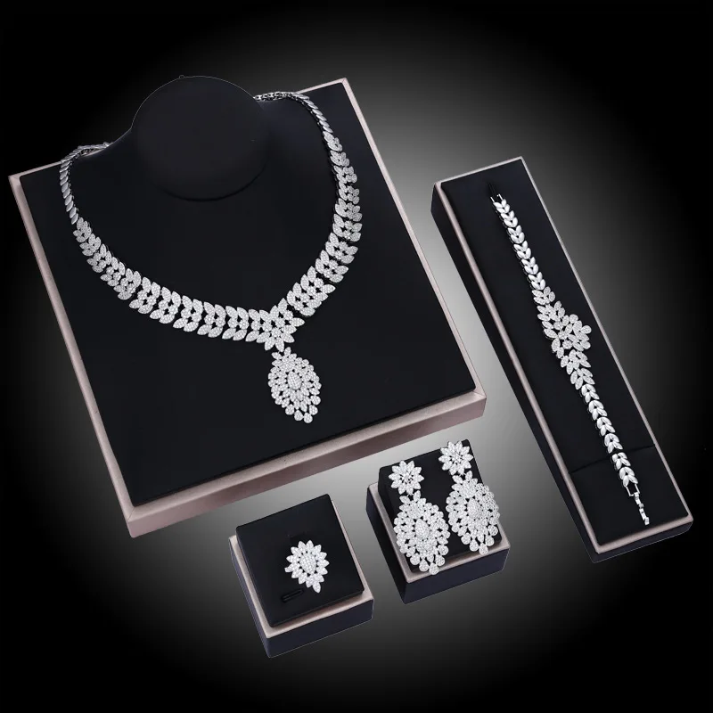 EYER Fashion Jewelry Sets Gorgeous 4pcs Necklace Earrings Ring And Bracelet Bangle Set For Women Wedding Party CZ Zircon Jewelry