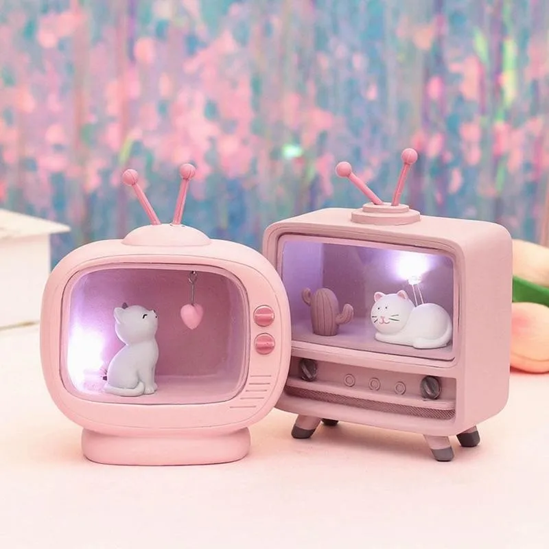 Cuet Cat Home Decoration Light Creative Cute TV Cat Lamp Pink LED Nightlight Valentines Day Birthday Gift Home Decor  Mini Lamp