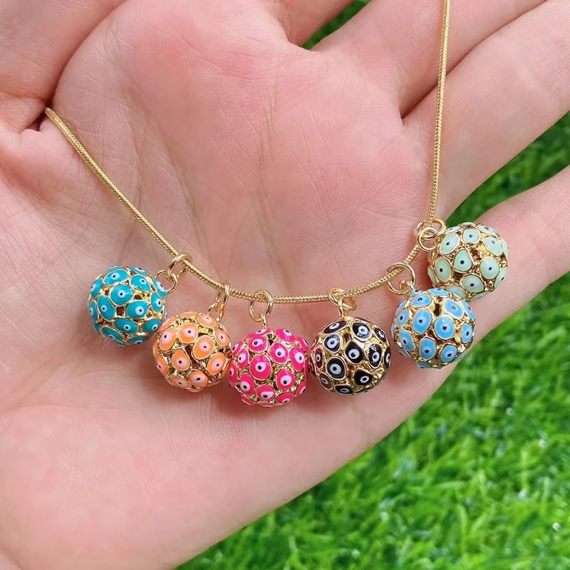 Evil Eye Tropfen-Emaille-Charm, neonrosa, orange, türkis, blaues Öl, tief ausgeschnitten, echt vergoldet, Halskette, Armband, Anhänger M09 M93 – Detail 10