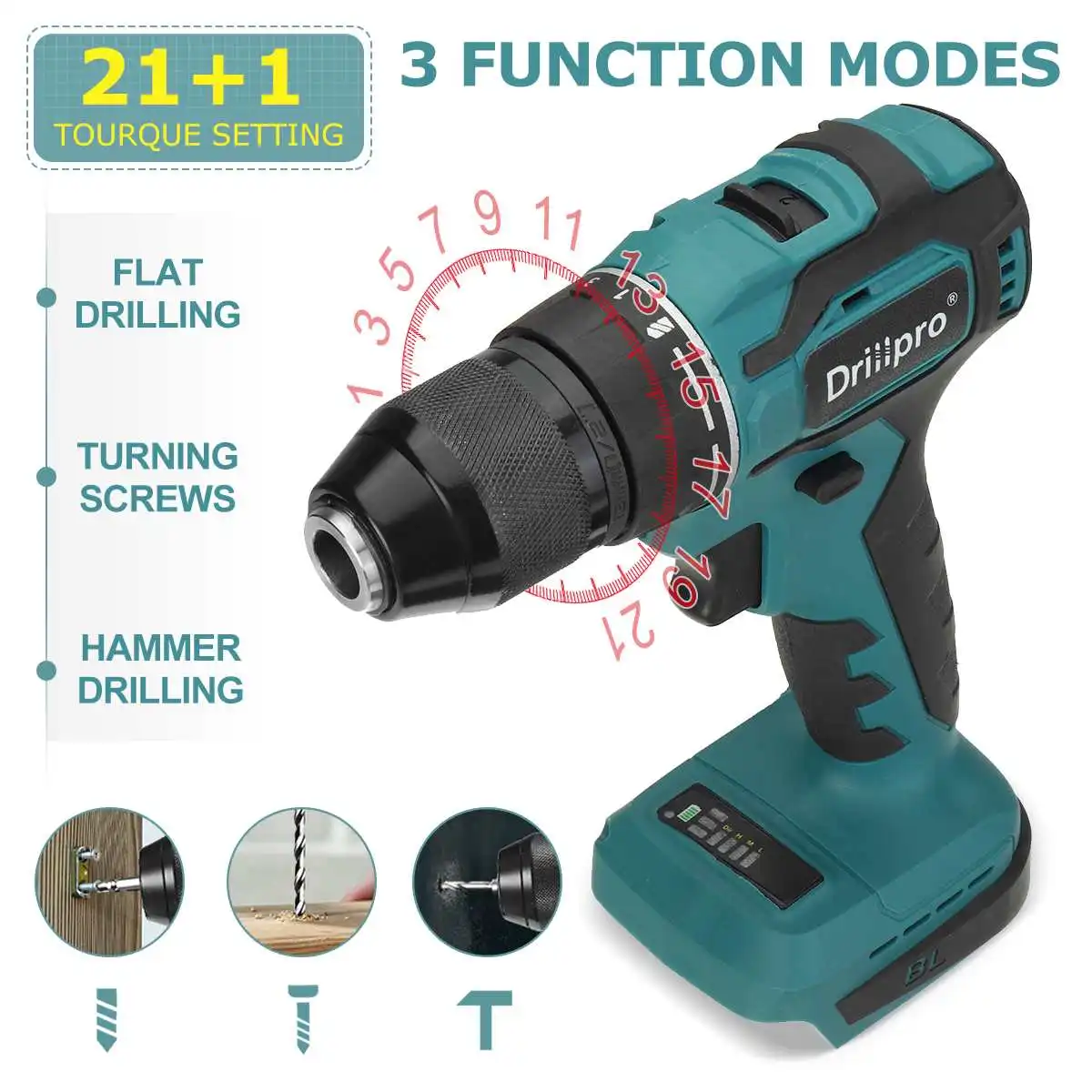 Drillpro 3 in 1 Brushless Electric Drill Screwdriver 21+1 Torque Cordless Driver Power Tool 10mm 13mm for Makita 18V Battery