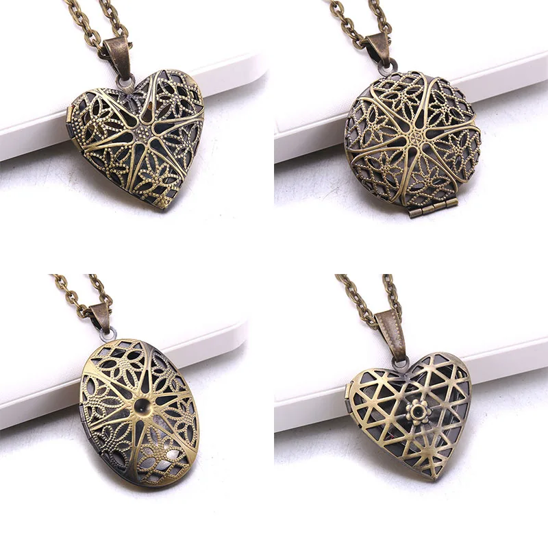 Heart Carved Flower stripe Locket Pendant Necklace Women Vintage Ancient Brass Opening Photo Box Jewelry Romantic Gift