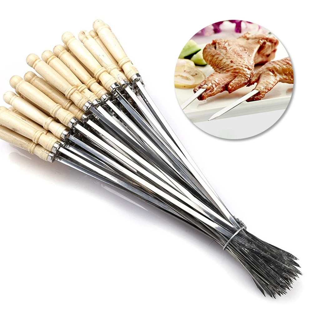 40cm Stainless Steel BBQ Skewer Wooden Handle BBQ Needle Reusable Barbecue Meat String Grill Fork Outdoor Cooking Tooll