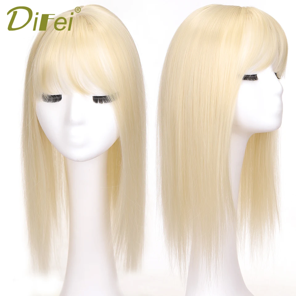 DIFEI Synthesis Topper pieza de cabello con flequillo, cabeza superior, cubierta de repuesto Natural, cabello blanco resistente al calor para