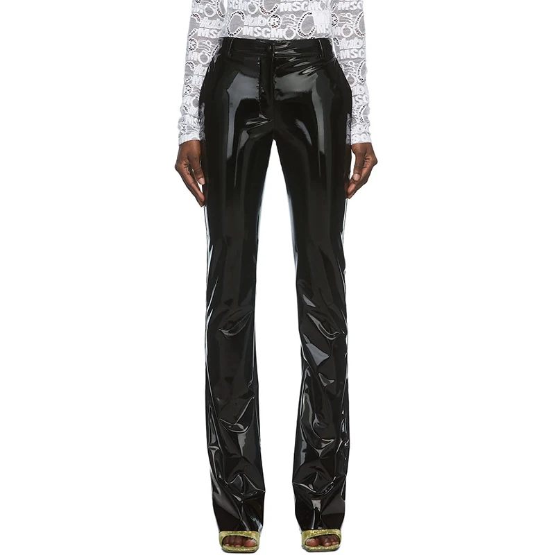 

Shiny Patent Leather Trousers Women Sexy Faux Latex Straight-leg Pants Office Lady Slim PU Leather Pants Button Clubwear Custom