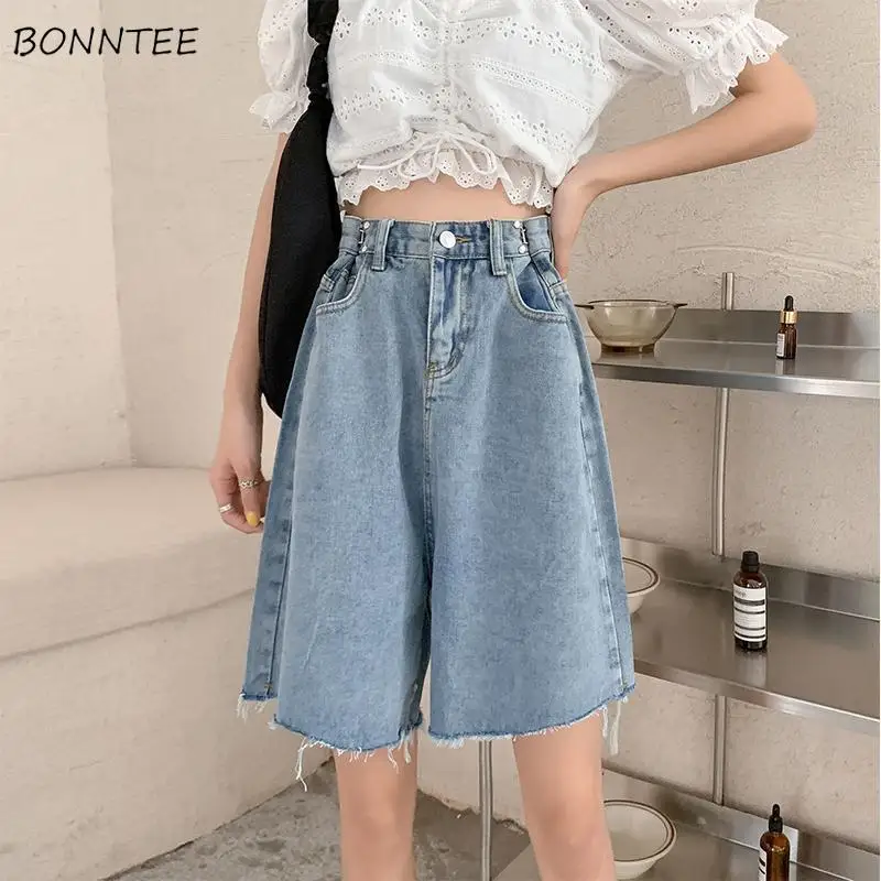 

Solid Shorts Women Blue Clothing Summer All-match Preppy Aesthetic Vintage Pockets Tender Leisure Basic Denim Loose Ulzzang New