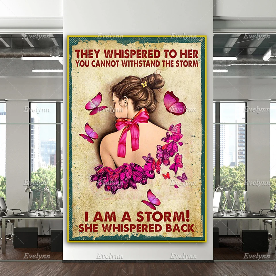 They Whispered To Her You Cannot Withstand Storm I Am Storm Butterfly Girl Poster,Breast Cancer Home Decor Canvas Wall Art Print