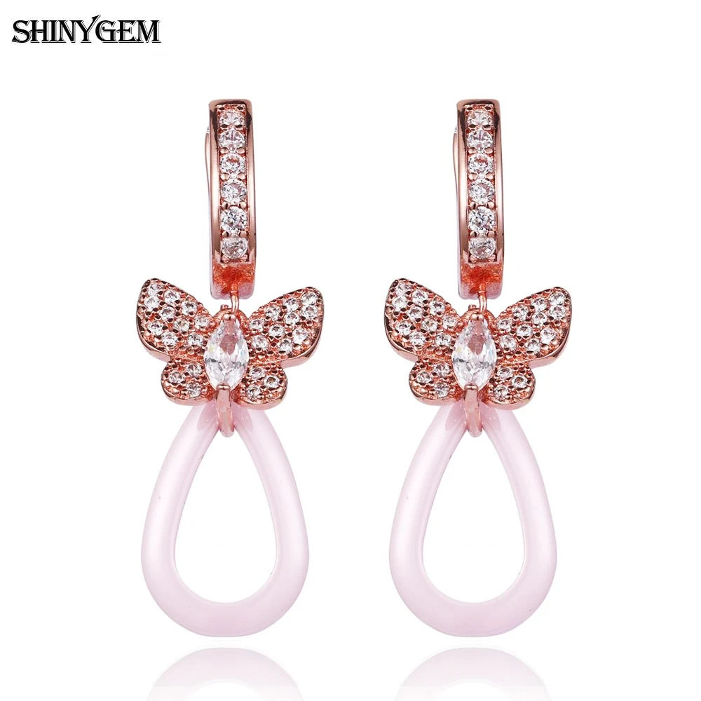 

Fashion Pink Pottery Jewellery Delicate Lovely Butterfly Gold Plated Micro Inlay Zircon Crystal Ceramics Drop Earrings For Women