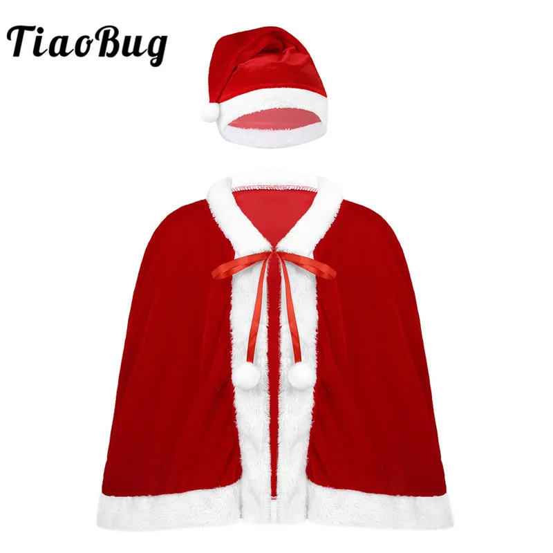 Kids or Adult Red Velvet Santa Cape Short Cloak Shawl with Christmas Hat Women Girls Xmas Costume Cosplay Outfit Accessories