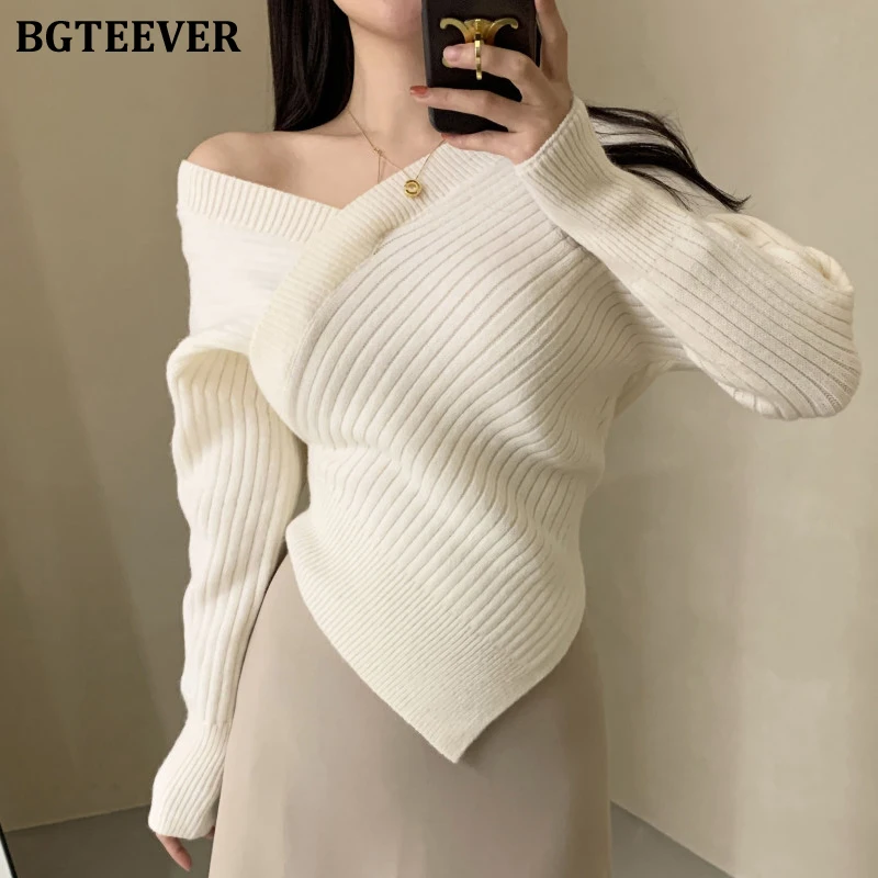 

BGTEEVER Elegant V-neck Slim Female Pullovers Jumpers 2022 Spring Ladies Knitwear Full Sleeve Irregular Women Knitted Sweaters