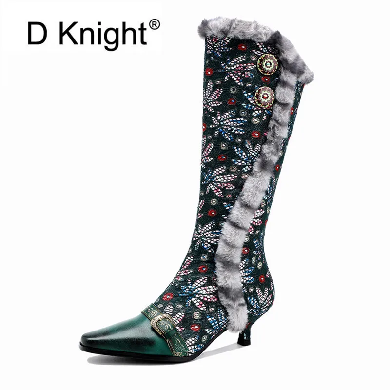 

EUR Size 36-42 Women Genuine Leather Knee High Boots Vintage Pointed Toe Thin Heels Party Club Ladies Footwear Long Boots Shoes