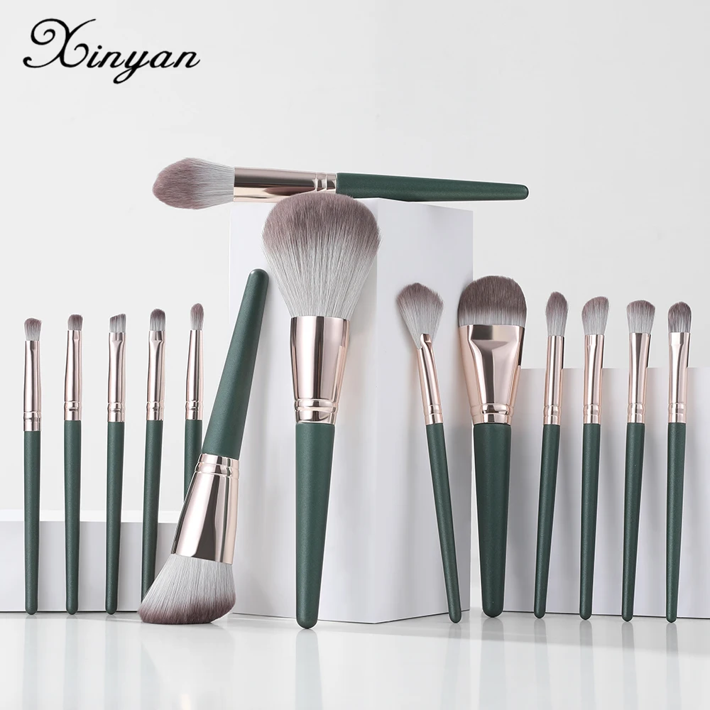 

XINYAN 14pcs Green Makeup Brushes Set Cosmetic Foundation Powder Blush Eye Shadow Blend Wooden Makeup Brushes Tool Kit Maquiagem