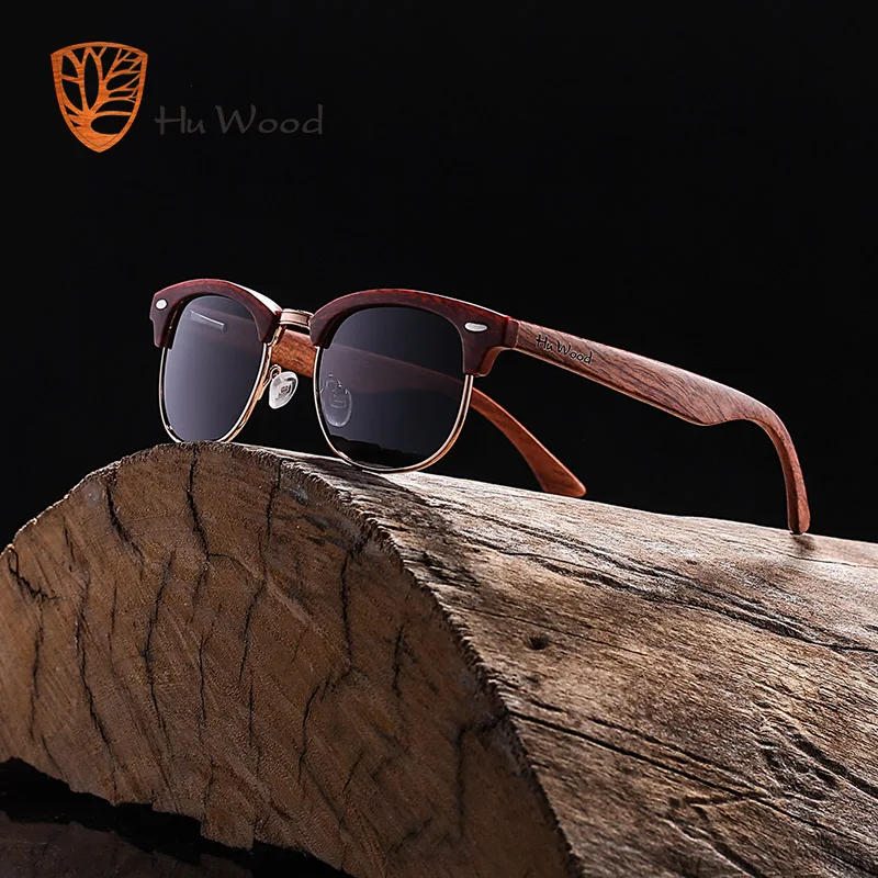 

HU WOOD Women Polarized Sunglasses Unisex Retro Wooden Striped High Quality Semi-Rimless Brand Sun Glasses Female GR8005