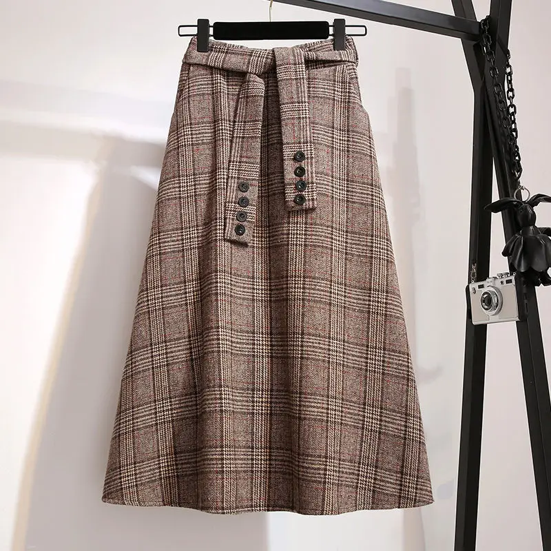 Women's High Waist Woolen Skirt Large Size New Plaid Skirts Large Swing Lady Female Autumn Winter 2022 F1920