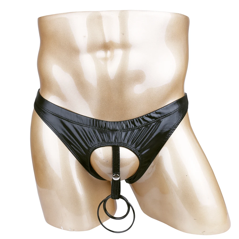 Men Sexy Lingerie Briefs Bikini Thong Underwear Underpants with Penis Hole O-Rings