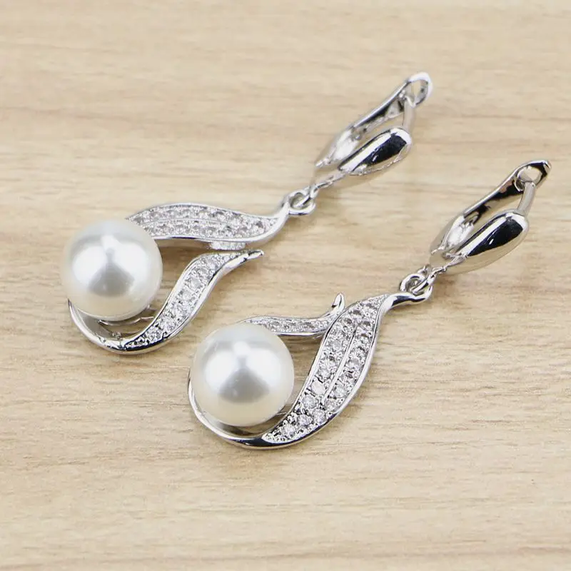 

925 Sterling Silver Jewelry Earring Freshwater Pearls White CZ Beads Drop Dangle Earrings For Women Free Gifts Box