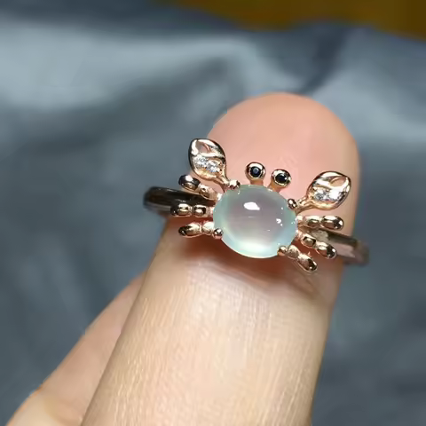 Original new natural ice seed chalcedony Egg ball crab opening adjustable ring diamond noble charm female silver jewelry