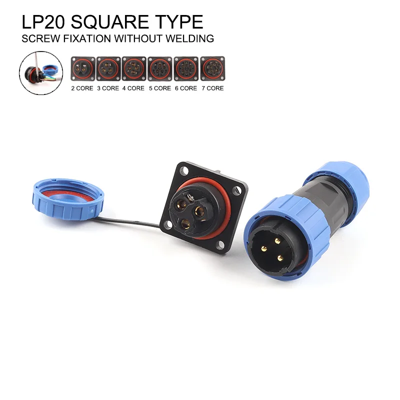 LP/SP20 IP68 Square Outdoor Cable Waterproof Wire Connector Male Female Aviation Plug&Socket Suit 2-7 Pin Solderless Screw Crimp