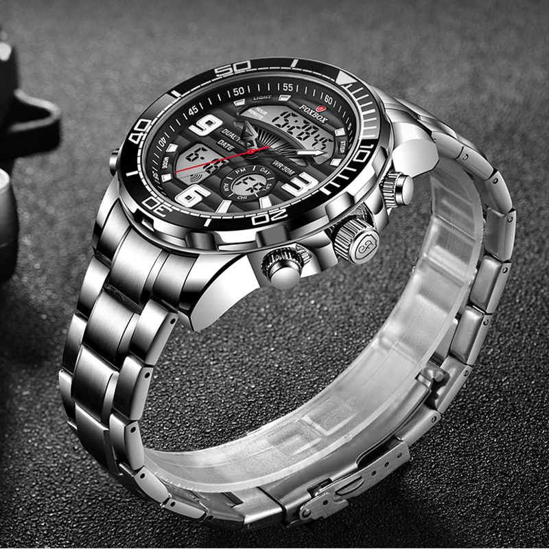 Mens Watches 2022 New FOXBOX Dual Display Stainless Steel Sport Wrist Watch For Men Waterproof Date Clock Relogio Masculino+Box