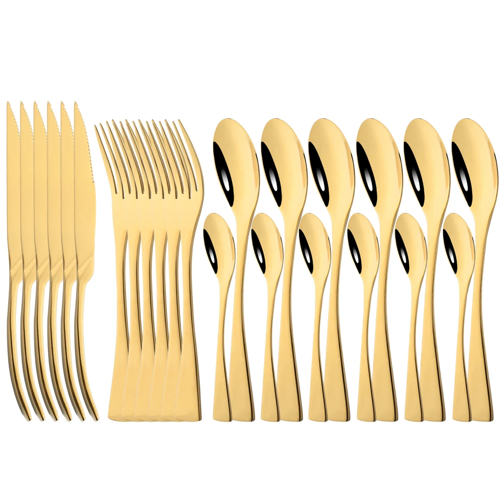 

Gold 24 Pcs Mirror 304 Stainless Steel Flatware Kitchen Western Cutlery Set Steak Coffee Dessert Vintage Special Fork Tableware