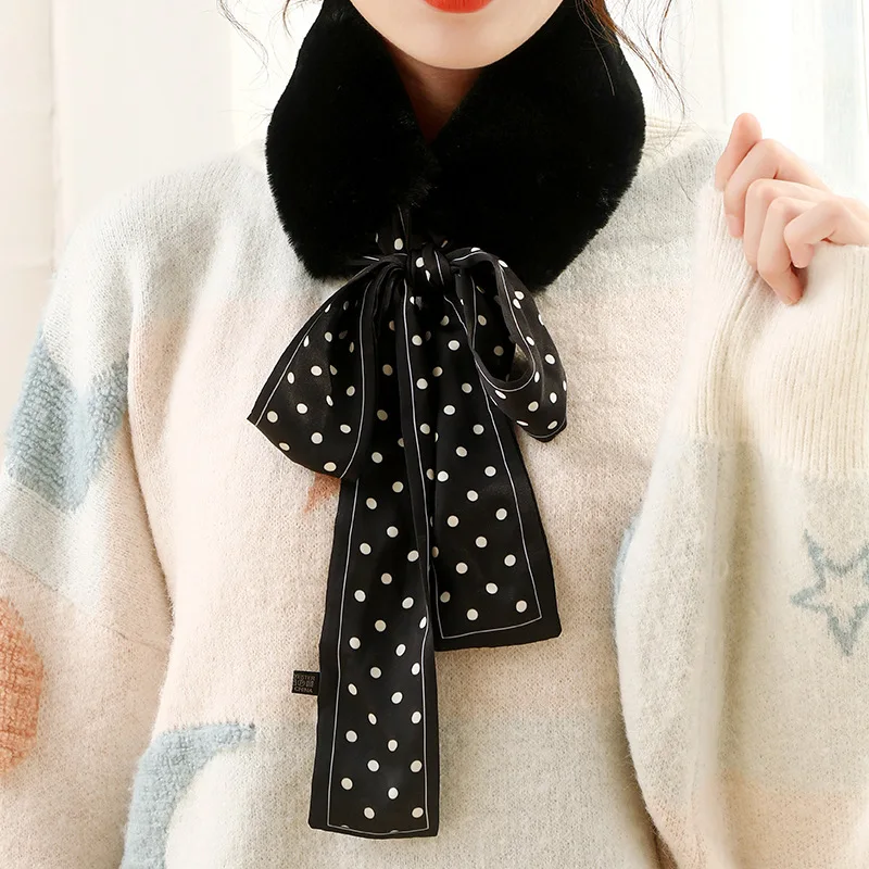 2021 New Dot Silk Printed Scarf Women Winter Warm Fashion Thicken Fur Neck Collar Scarves for Ladies Happy New Year Gifts