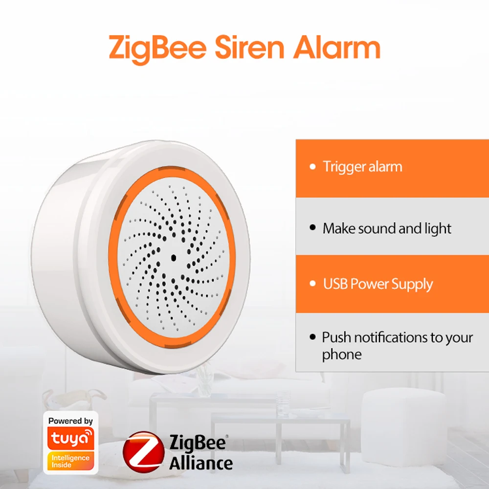 Tuya Zigbee3.0 Home Sound Light Alarm Siren Sensor 90dB Loud USB Power Requirement Zigbee Gateway