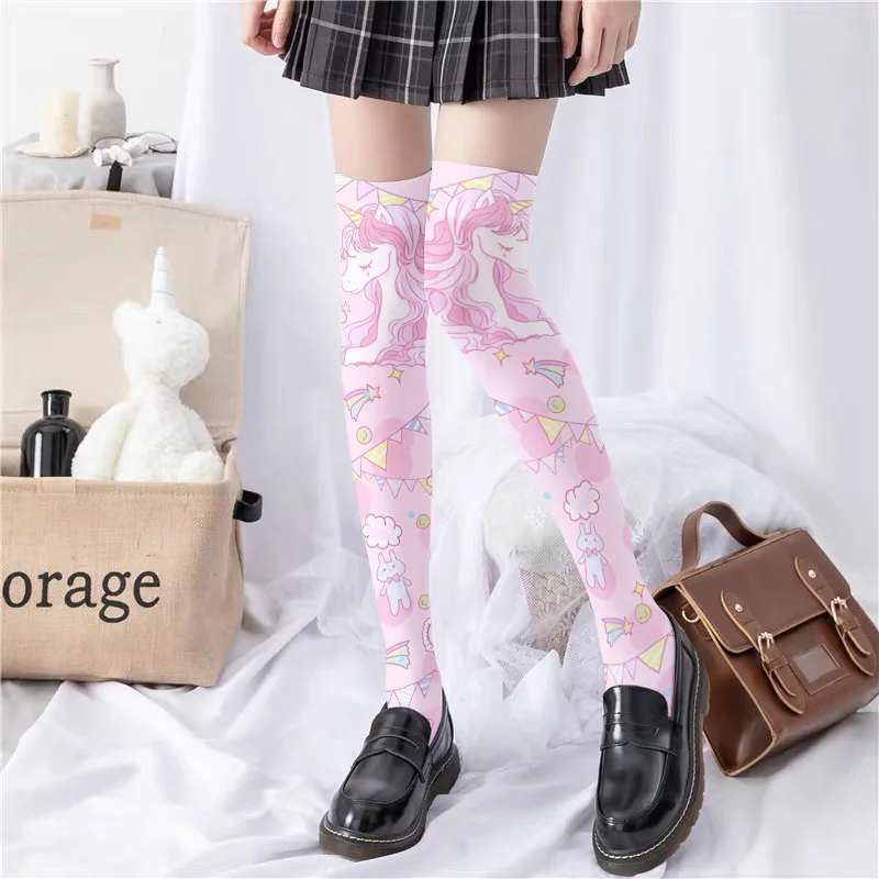 New Unicorn Print Women Stockings Fashion Sexy High Tube Cute Girls Over The Knee Stockings Pink Cartoon Nylon Silk Long Socks