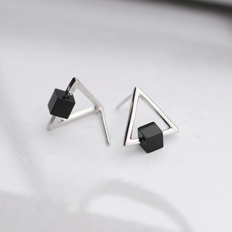 925 Sterling Silver Black Square Hollow Triangle Stud Earrings For Women Gift Hypoallergenic Sterling-silver-jewelry