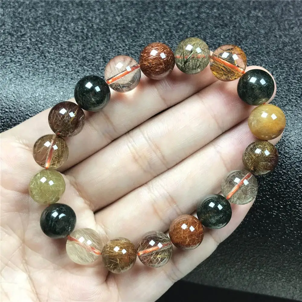 

11mm Natural Colorful Rutilated Bracelet Jewelry For Women Lady Men Crystal Round Beads Stretch Rare Gemstone From Brazil AAAAA