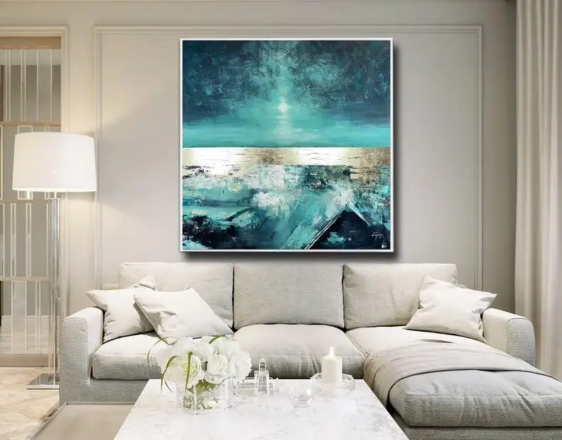 

Soft Dance Large Abstract Painting Square Living Room Art Teal Blue Gold Turquoise Original Painting Modern Art Home Decor