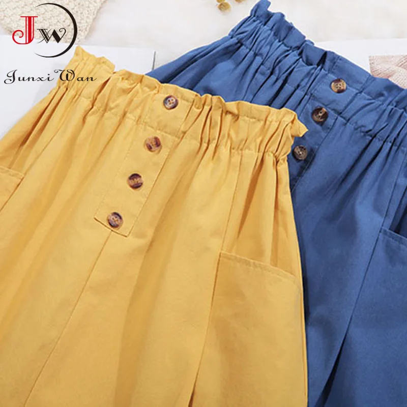 Women Summer Skirt Spring Korean Style Casual Solid High Waist  A-Line Midi Skirts With Pocket Girls Elegant Faldas