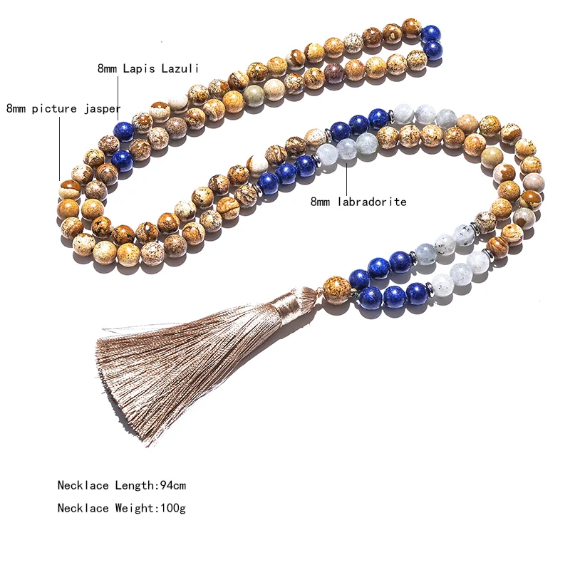 8mm Picture Jasper Lapis Lazuli Labradorite Japamala Beaded Necklace Meditation Yoga Women Jewelry 108 Mala Rosary