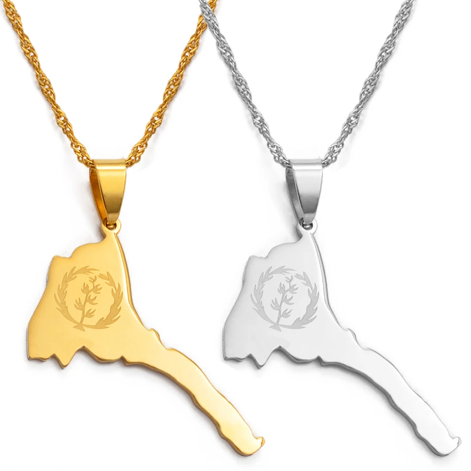 Anniyo 3.7cm Eritrea Map & Flag Pendant Necklaces Women Girl Silver Color/Gold-Plated Jewelry African Map of Eritrean @025821