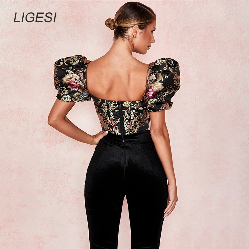 Geborduurde bloemen zwarte vrouwen blouse shirt Bladerdeeg mouw elegante partij blouses tops Sexy bustier corset crop top