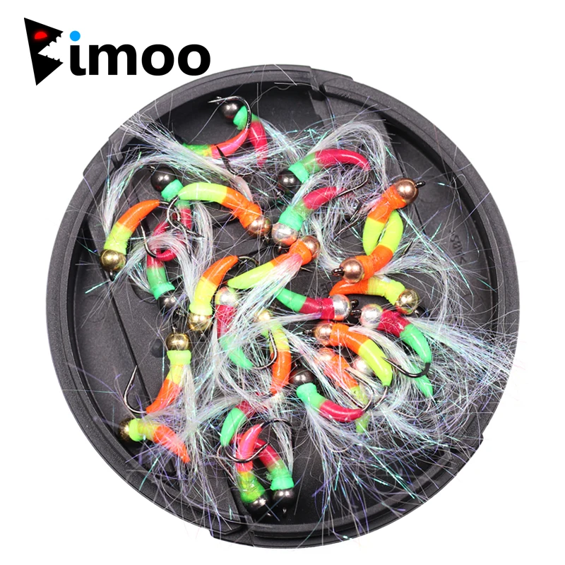 Bimoo-SEÑUELOS fluorescentes para pesca en hielo, cebo para Ninfa, Flashabou, oropel, moscas, cuentas de tungsteno, Arco Iris, Brook, trucha, lucios grises, #8, 6 uds.