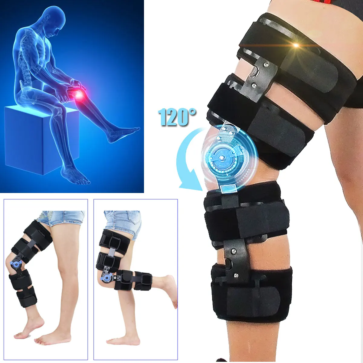 Orthopedic Support Knee Pads,Adjustable, 0-120 Degree Hinged Leg Band,Knee Brace Protector,Powerleg Bone Orthosis, Ligament Care