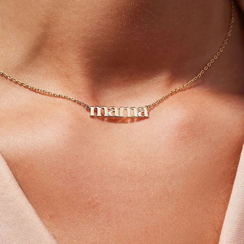 Best Gift for Mom Tarnish Free 316L Stainless Steel Real Gold Plated Letter Pendant Necklace Minimalist Gold Mama Necklace