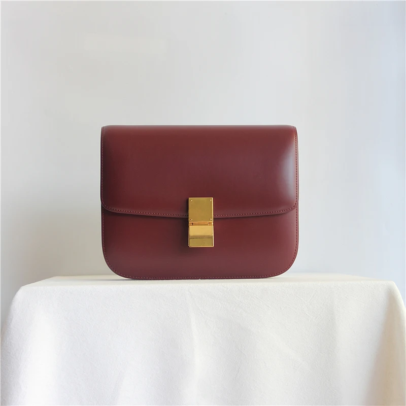 Glossy Metal Box Classic Design Real Leather Flap Wine Red Women's Crossbody Vintage Bag Purse and Handbag Luxury Tofu Bags 2026