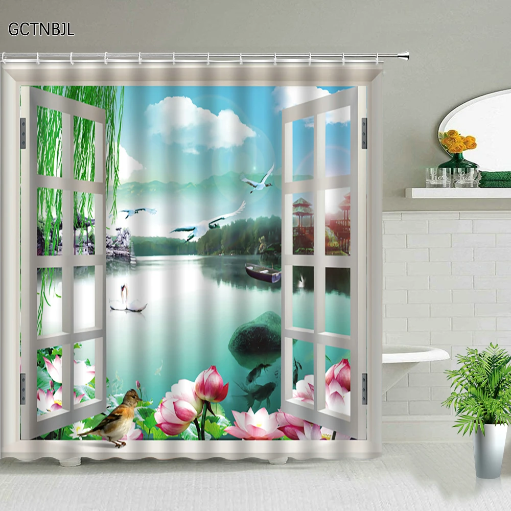 Forest Waterfall Scenery Shower Curtains Green Tree Natural Landscape Bathtub Screen For Bathroom Background Wall Hanging Decor