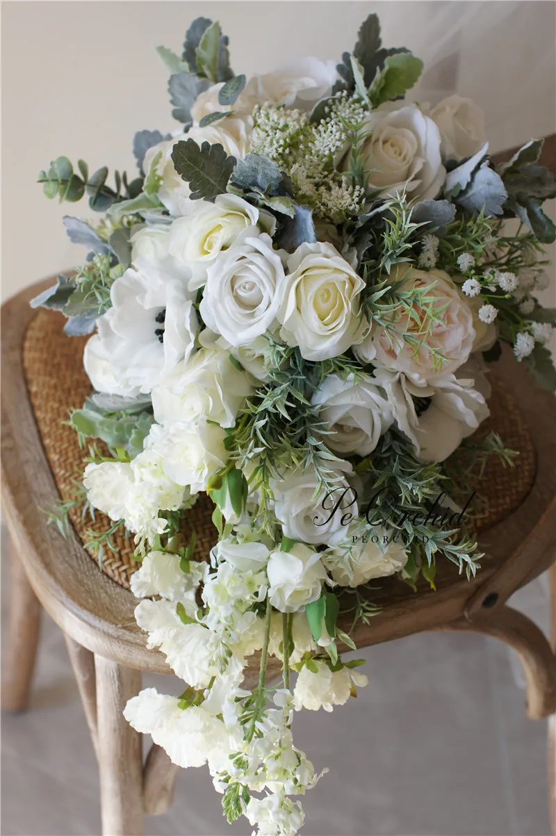 PEORQUID-Branco Cascading Bridal Flower Bouquet, Artificial Eucalyptus Roses, Bouquet De Casamento Para Noiva Fotografia, Luxo, 2022