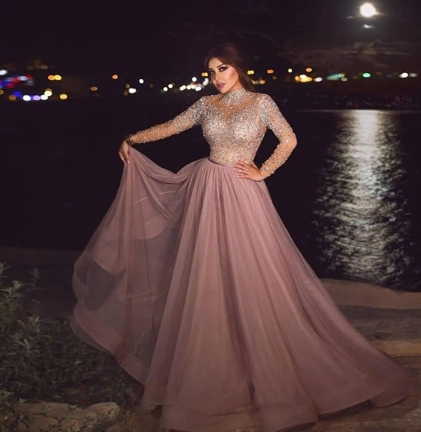 Designer Prom Dresses Blush Pink High Collar Beaded Heavily Long Sleeve Floor Length Fairy Prom Dresses