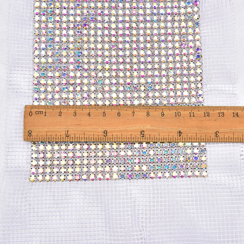 24 Rows Crystal AB Color Bling Silver Claw Rhinestone with White Mesh Net Sew on Diamond Trimming DIY Bags Shoes Bow Decoration