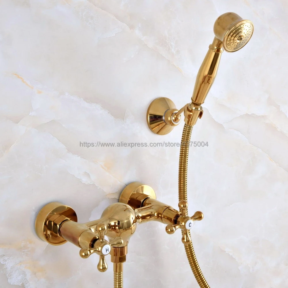 

Bathroom Shower Faucet Gold Color Brass Wall Mounted Bathroom Mixer Tap With Hand Shower Head Shower Faucet Nna968