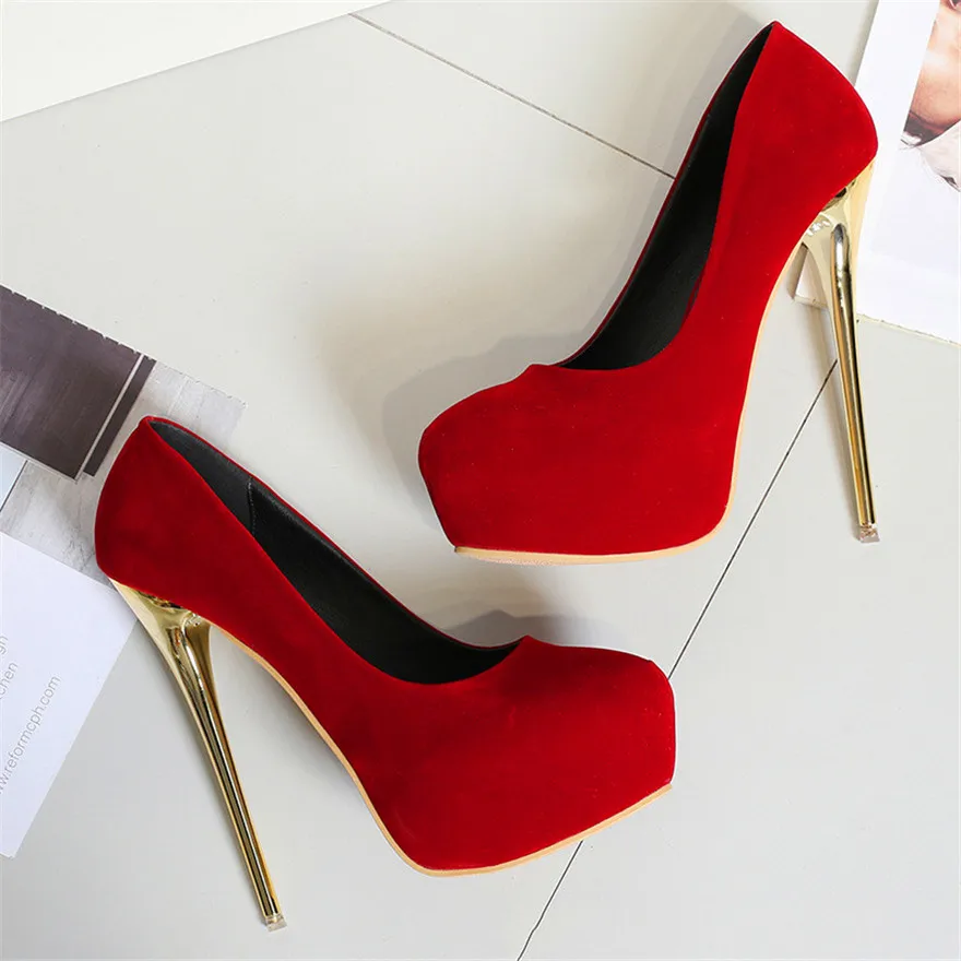 Women Red Wedding Shoes Autumn Fashion Platform Shallow Female Pumps Soft Flock Round Toe Super High Heels Party Shoe Size 41-47