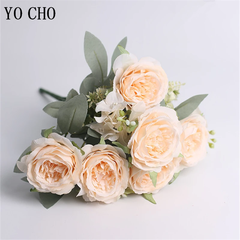 YO CHO Artificial Silk Rose for Wedding Fake Peony Fake Rose Bunch Sister Holding Flower Mini Bouquet  Home Party Decor  6 Heads