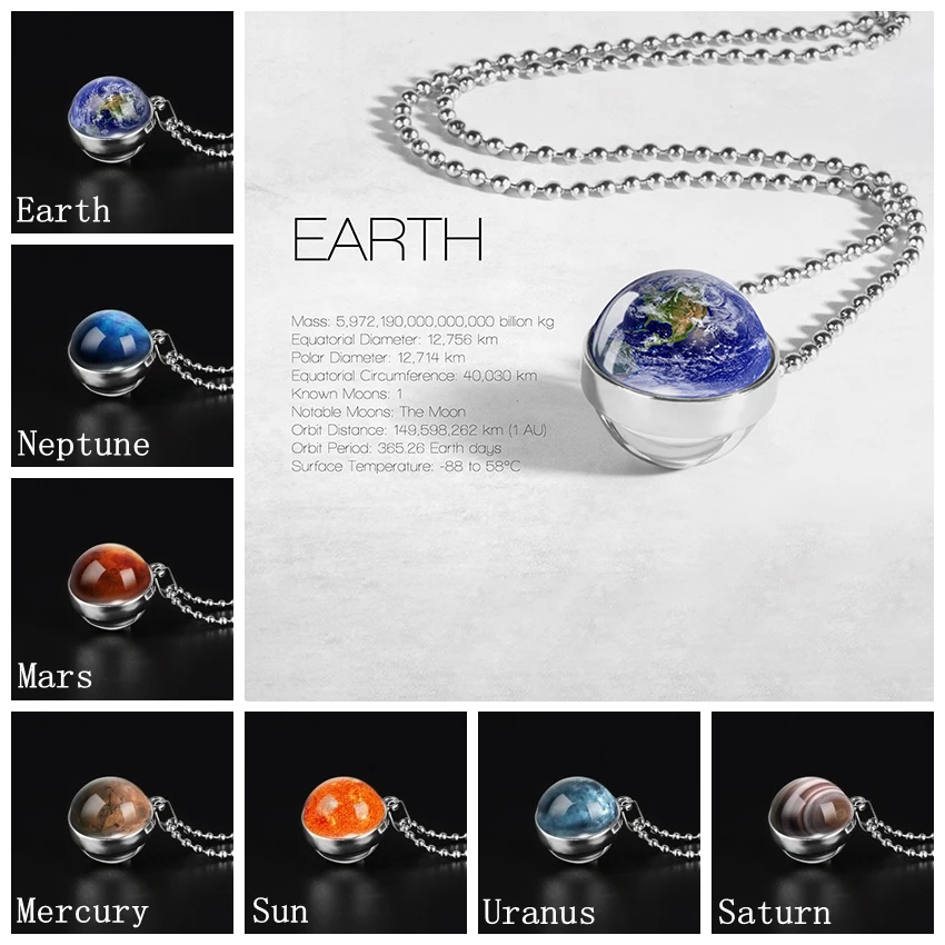 Globe Double Sided Necklace Solar System Planet Venus Mercury Mars Saturn Uranus Neptune Earth Sun Pendant Dome Glass Necklaces