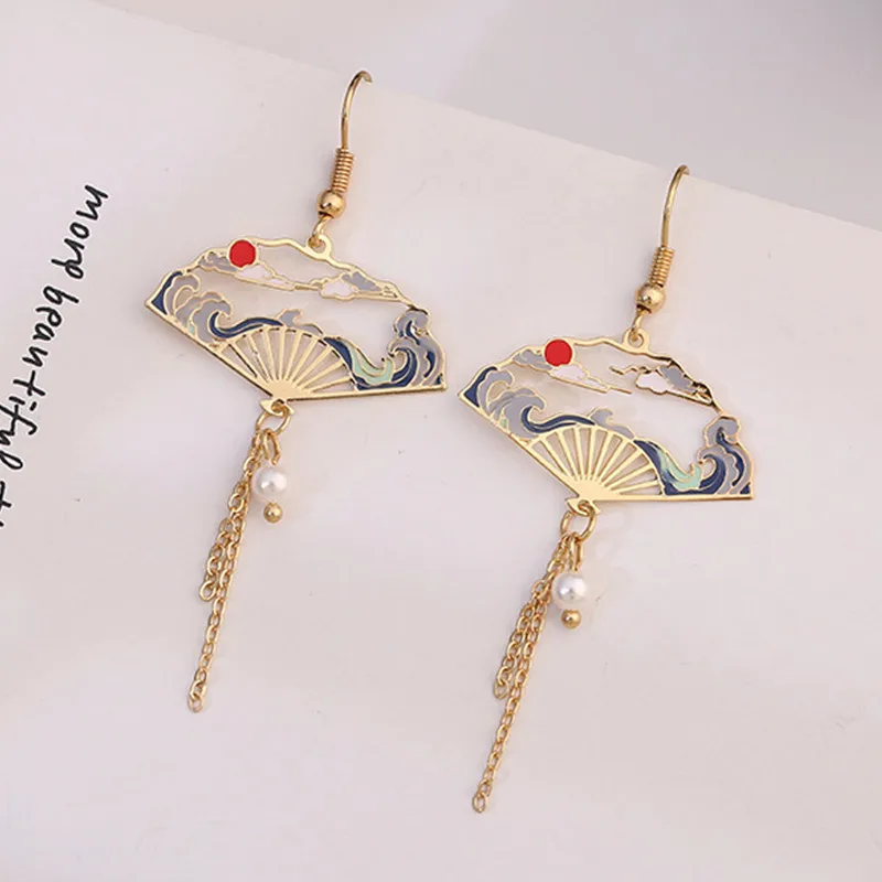 Chinese Style Folding Fan Crane Carp Lotus Asymmetrical Long Tassel Dangle National Style Earrings for Women Jewelry Gift