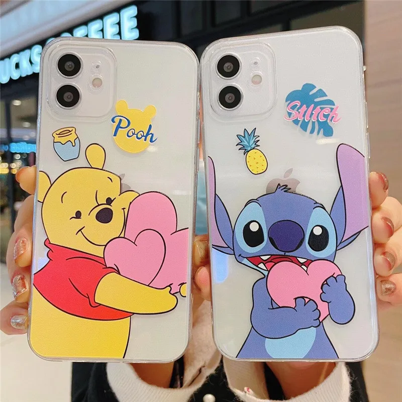 Capa de telefone preta de silicone da Disney Winnie The Pooh Stitch, capa para Apple iPhone 12 Mini 11 Pro XS MAX XR X 8 7 6S 6 Plus 5S SE